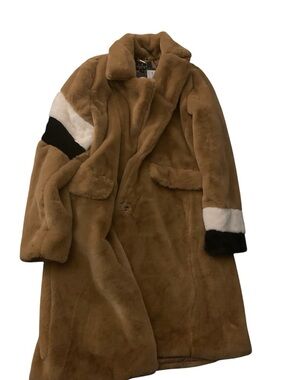 Long Camel Faux Fur Trench Coat with Black & White Sleeve Accents